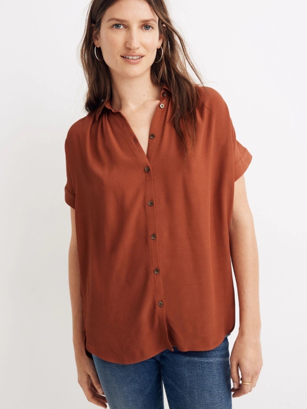Madewell Central Drapey Shirt XS Rust Terracotta 100% Viscose Button Front Short